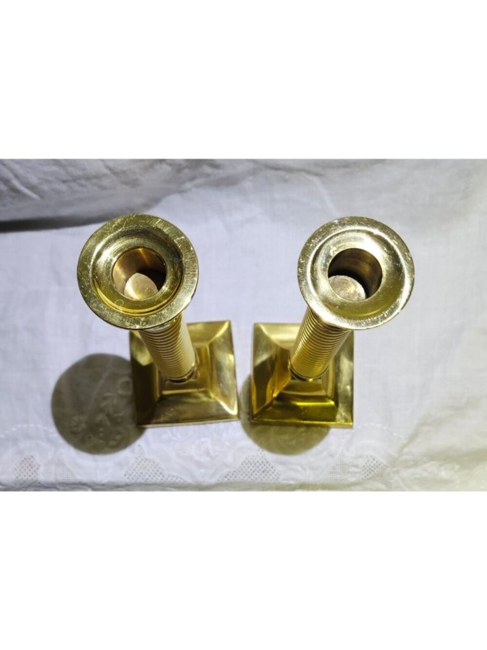 Vintage MCM Brass & Celluloid Candlestick Holders 8" Tall Elegant Design - Picture 3 of 8